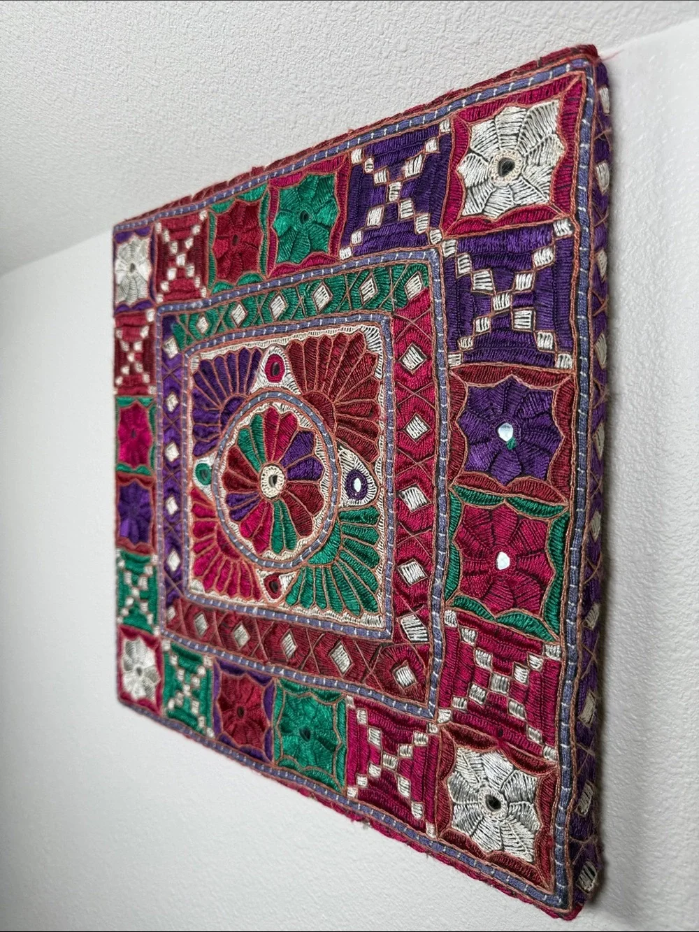 Vintage Tapestry Embroidered Mirrors Jewel Tones Crewel Square Wall Hanging